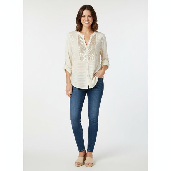 Tiny Ivory Sequin Embroidered Blouse Top Womens Size Medium Lightweight - Picture 1 of 12